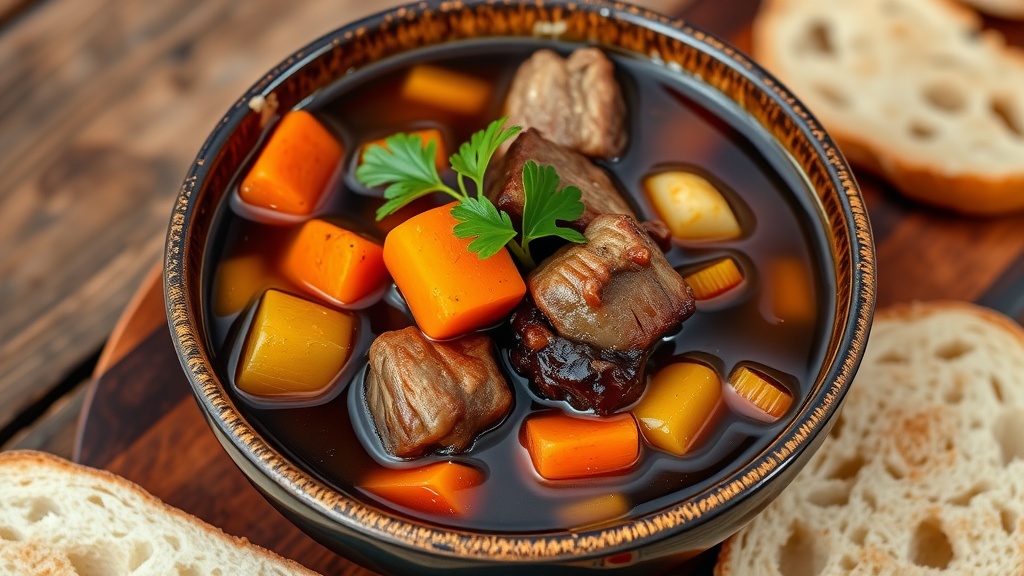 Rich and Flavorful Oxtail Soup Recipe A hearty bowl of oxtail soup with tender oxtail, carrots, and celery, garnished with parsley, on a rustic table with bread.